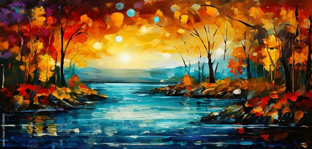 Poster a painting of a forest with a river and a sun in the background