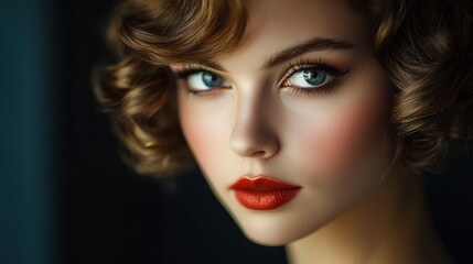Fototapeta premium A close-up portrait of a woman with curly hair, captivating blue eyes, and bold red lips, exuding elegance and allure.