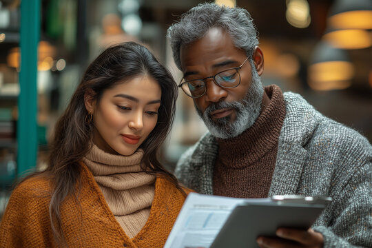 south asian woman and black man reviewing documents on tablet in coworking space