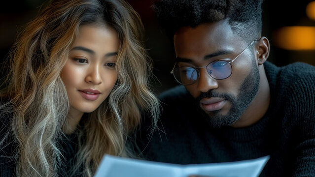 south asian woman and black man reviewing documents on tablet in coworking space