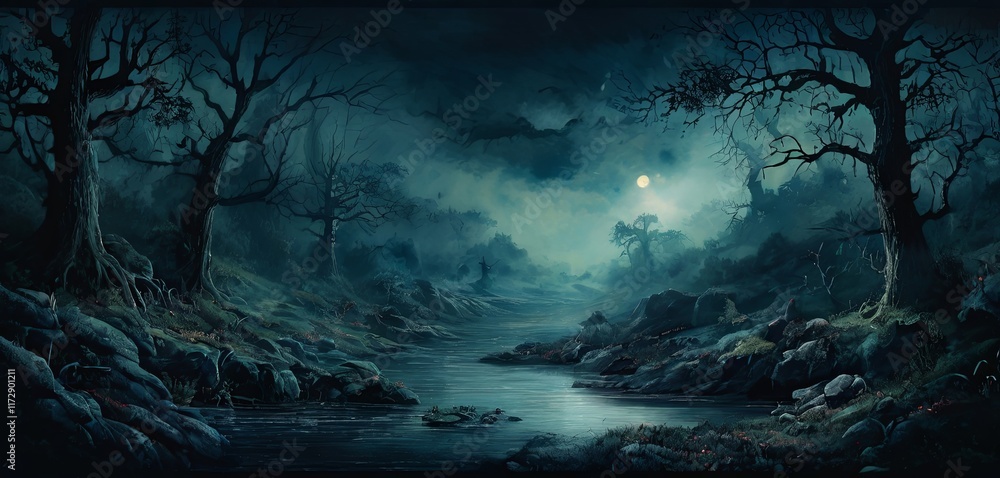 Poster A dark forest with a river running through it