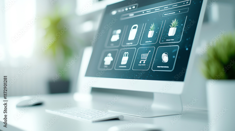 Poster modern digital screen displaying e commerce mockup with icons