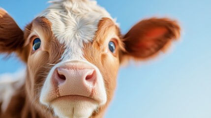 A charming portrait capturing the face of an inquisitive cow gazing directly at the camera, set against a backdrop of clear blue sky, reflecting nature’s simplicity.