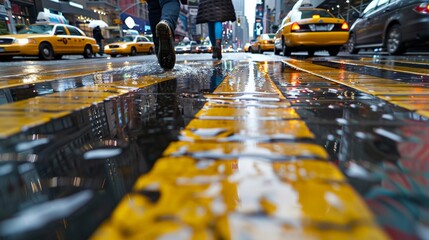 Obraz premium Blue Monday. A striking blue umbrella left on a rainy street with yellow taxis in the background.
