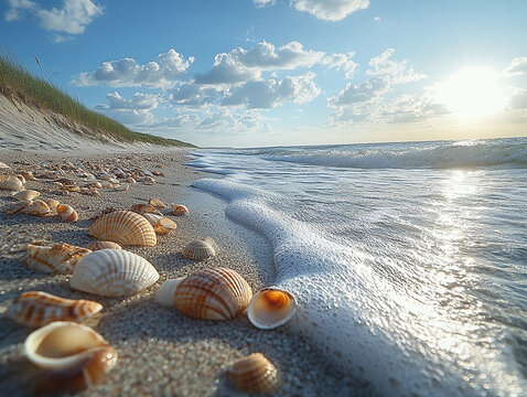 Seashells on a tranquil beach with gentle waves