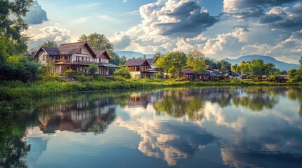 Obraz premium Charming village houses by a serene lake surrounded by lush greenery and mountains under a picturesque cloudy sky. Copy space