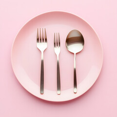  Minimalist Fork and Spoon on Pink Plate with Pastel Background