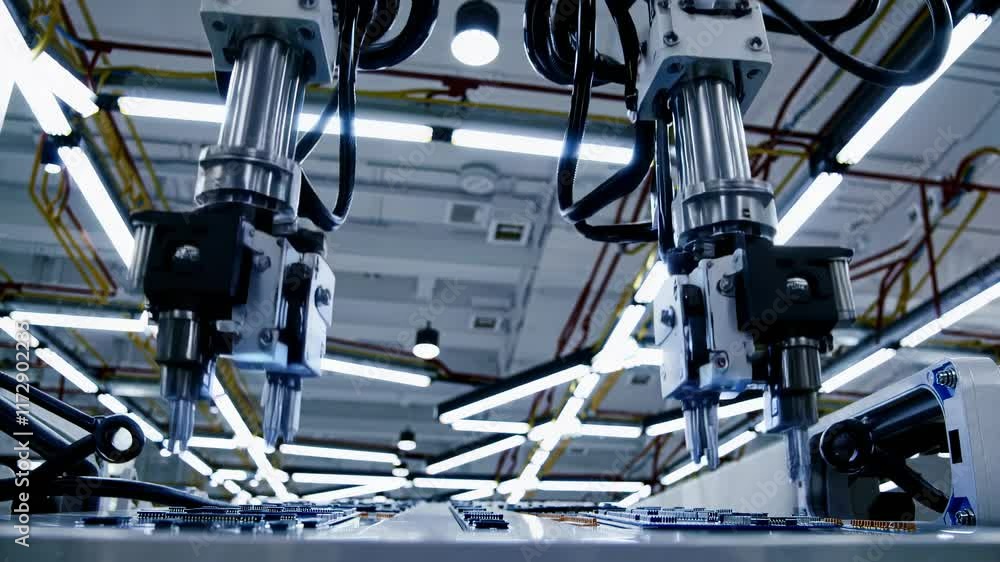 Poster exploring advanced robotics and automation technology in a modern manufacturing facility