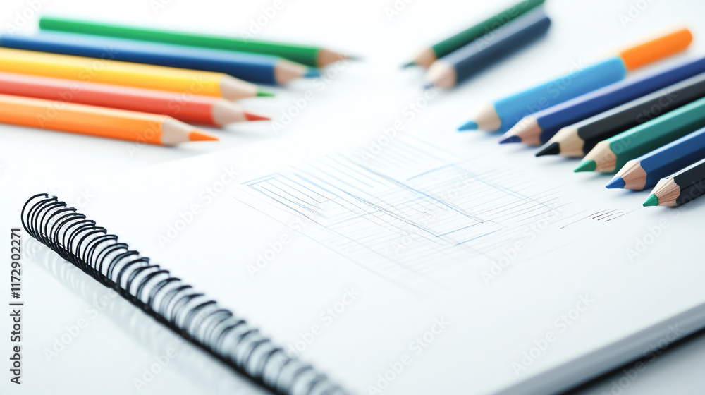 Poster sketchbook with layout drafts and colorful pencils for creative design