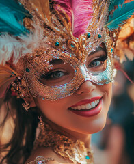 woman with shiny mask, dressed up, smiling, enjoying carnival party, fantasy, party