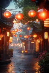 Obraz premium Illuminated lanterns adorn a festive street in Asia, creating a warm atmosphere for evening celebrations centered around local cuisine and culture