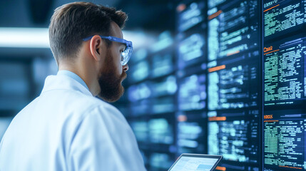 Scientist in white coat analyzing data on digital screens, focused and engaged
