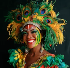 Selbstklebende Fototapeten Fantasy costume: Beautiful woman smiling at carnival party in Brazil. Woman Smiles, Woman beautiful, woman fantasy © Gabriel