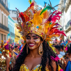 Woman carnival, smiling and dressed in colorful clothes, celebrating carnival party in Brazil.