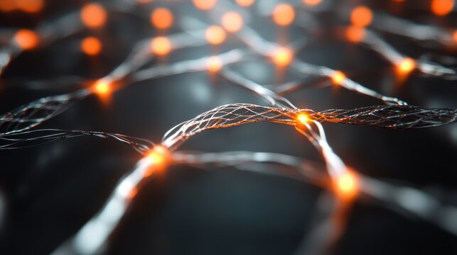 An intricate digital network of connections glows with neon nodes, symbolizing communication, technology, and connectivity. This striking image defines futuristic design.