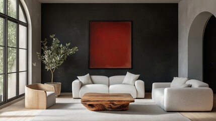 Generative AI, Modern living room with sculptural furniture, a bold crimson artwork, and natural wood details