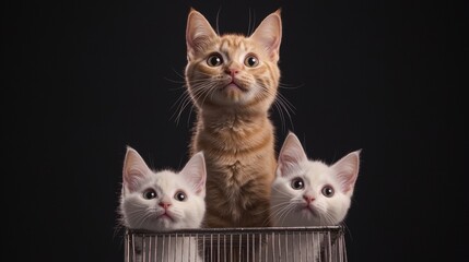 Ginger cat on cage with white kittens indoor studio photography