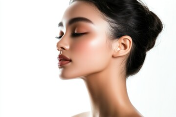Fototapeta premium Close-Up Portrait of a Asian Woman Model for Skincare Advertisement, Isolated on White Background