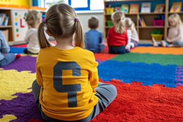 Elementary School Teacher Day. Children sitting on colorful mats, reading books in a bright and engaging classroom setting.