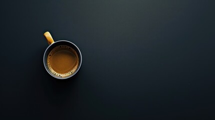 Cup of coffee on black background with copy space office black table.