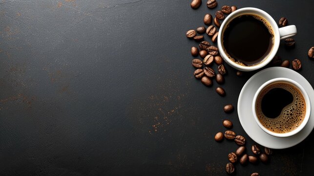 Cup of coffee on black background with copy space office black table.