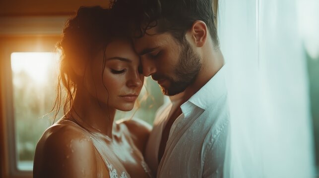 A romantic, intimate scene of a couple standing in close proximity, bathed in sultry golden light, depicting tenderness, love, and deep emotional connection.