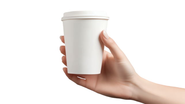 hand holding white paper cup isolated on white transparent background
