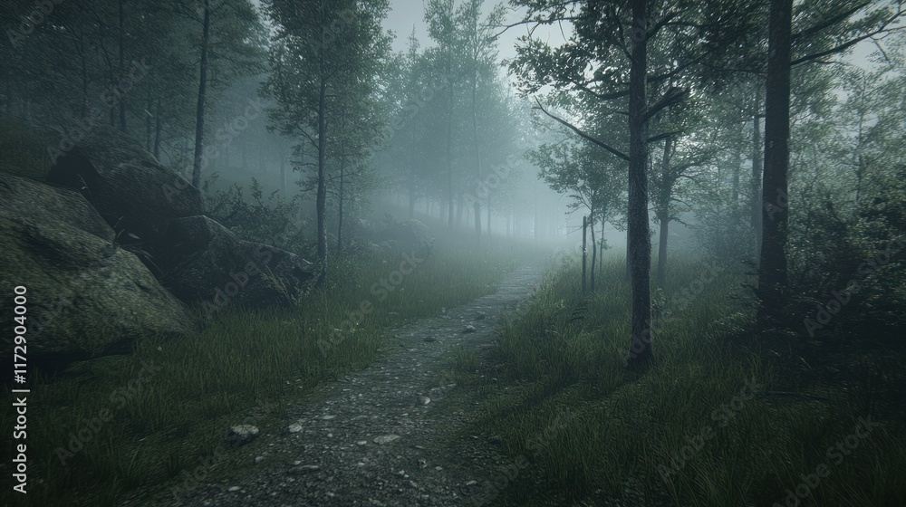 Poster misty forest path winding through trees and rocks.
