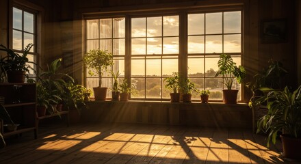 Fototapeta premium Cozy sunlit room, large window with sunset view, indoor plants, wooden floor, golden hour light rays, warm atmosphere, potted plants on windowsill, glass panes, tranquil interior, soft shadows, rustic