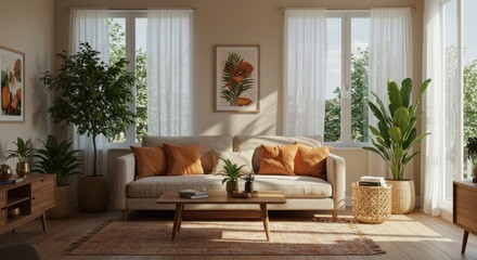 Fototapeta premium Cozy living room, warm sunlight, large windows, lush green plants, beige sofa, orange accent pillows, wooden coffee table, neutral color palette, framed artwork, natural textures, jute rug, bohemian d