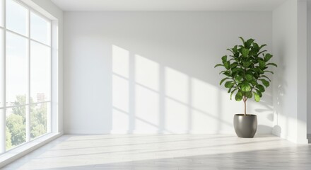 Fototapeta premium Minimalist interior, potted ficus tree, sunlight through windows, shadow play on wall, concrete floor, white walls, empty room, clean lines, modern aesthetic, architectural simplicity, bright natural 