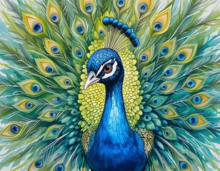 Fototapeta premium A watercolor painting of a peacock with its feathers fully spread in vibrant colors.