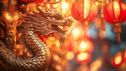 Fototapeta premium Decorative golden dragon figurine in front of blurred red lanterns.