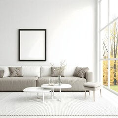 minimalist living room bathed in natural light from a large window. Frame mockup, Living room wall poster mockup. Interior mockup with house background. Modern interior design. 