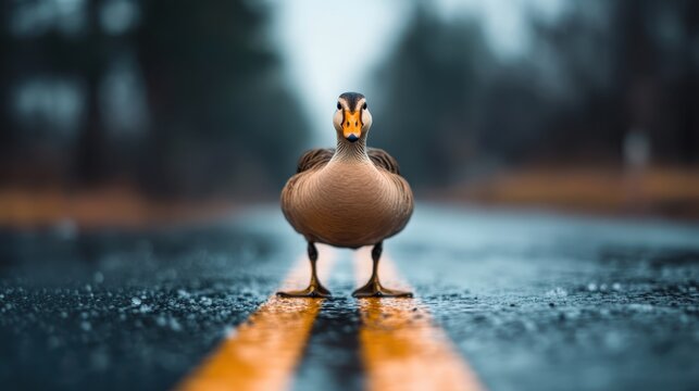 A single duck stands confidently in the middle of a wet road, looking forward, depicted in a focused composition with a shallow depth of field for dramatic effect.