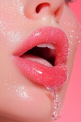Close-up of pink lips adorned with glittery gloss, capturing beauty and glamour in a vibrant and artistic style.