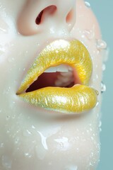 Obraz premium Shimmering yellow lips with a glossy finish, highlighted with water droplets, create a captivating beauty and fashion concept.