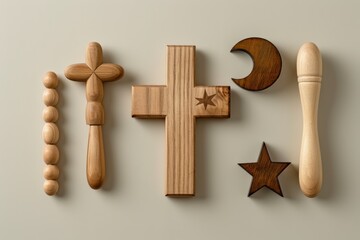 World Religion Day. Flat-lay image of various religious symbols crafted from wood and metal, representing diverse spiritual beliefs.