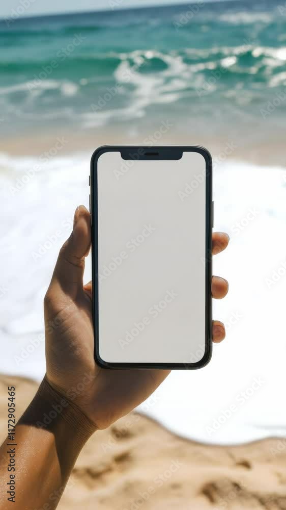 Poster hand holding a smartphone with a blank white screen, perfect for showcasing apps or websites, with a