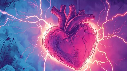 Heart bursts with bright lightning against a dark city.