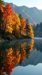 Fototapeta premium Golden light on autumn trees reflected in calm lake water surface, trees, outdoor scenes, tree reflections