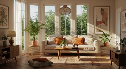 Fototapeta premium Cozy living room, warm sunlight, large windows, lush green plants, beige sofa, orange accent pillows, wooden coffee table, neutral color palette, framed artwork, natural textures, jute rug, bohemian d