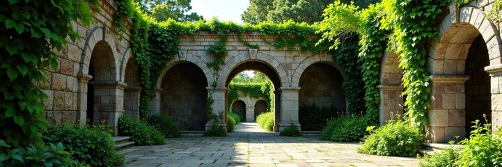 Overgrown vegetation and vines on ancient stone walls, courtyard, wall