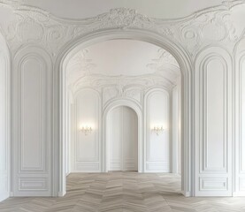 Elegant White Room with Ornate Molding, Archways, and Herringbone Floor