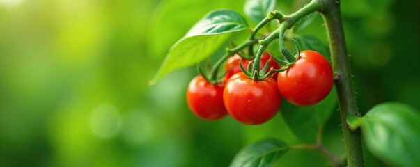 Obraz premium Red ripe cherry tomatoes growing on the branches of a healthy basil plant, organic, harvest, cherry tomato