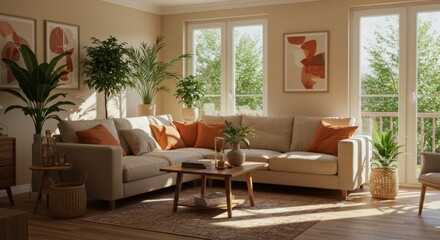 Fototapeta premium Cozy living room, warm sunlight, large windows, lush green plants, beige sofa, orange accent pillows, wooden coffee table, neutral color palette, framed artwork, natural textures, jute rug, bohemian d
