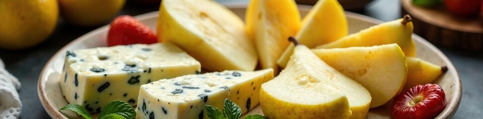 A plate of blue cheese and pears arranged in a pattern, fruit and cheese, platter, blue cheese