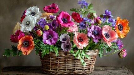 Colorful Anemone Bouquet in Wicker Basket