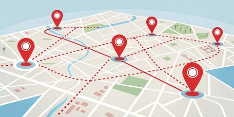 A map with five red pins on it