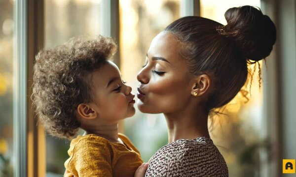 Tender Motherly Love A heartwarming image of a mother lovingly kissing her toddler, capturing a moment of pure affection and the special bond between parent and child.